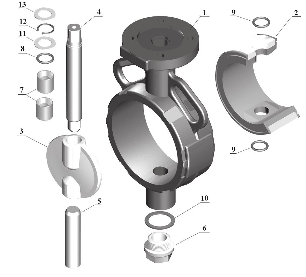 Części przepustnicy: 1 - korpus 2 - wkład uszczelniający 3 - dysk - wał napędu 5 - wał 6 - korek 7 - tulejka prowadząca - pierścień uszczelniający 9 - pierścień uszczelniający 10 - uszczelka 11 -