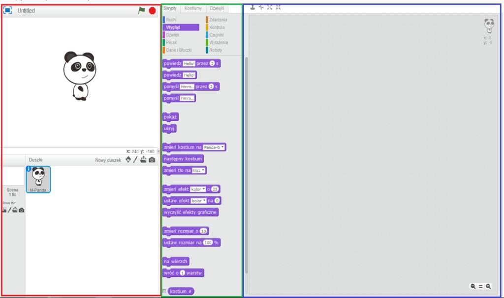 Z lewej strony ekranu (obszar zaznaczony czerwoną ramką) znajduje się okno służące do wstawiania elementów graficznych (czyli znanych ze środowiska Scratch duszków ) i animowanie ich za pomocą