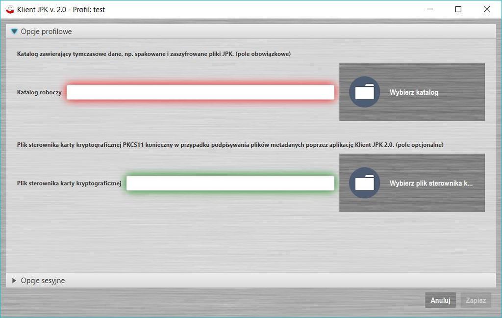 Menu Opcje Ekran Opcje zawiera dwa pola: 1. Katalog roboczy 2. Plik sterownika karty kryptograficznej Określenie Katalogu roboczego W celu określenia katalogu roboczego należy: 1.