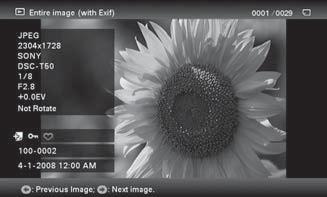 C D Entire image (with Exif) Fit to screen (with Exif) Podczas wy wietlania ca ego obrazu wida takie informacje o obrazie, jak numer, nazwa pliku i data wykonania zdj cia.