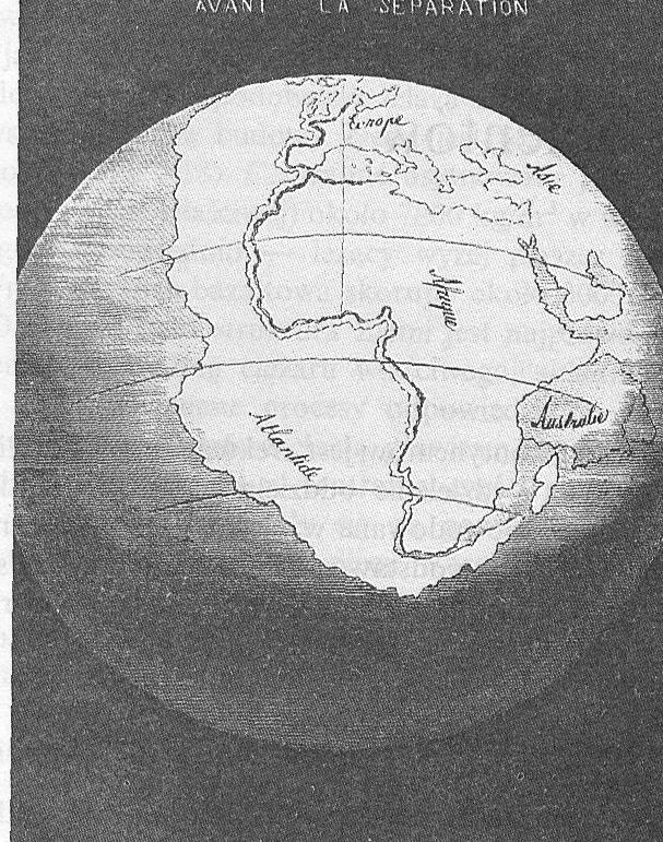 2 Hipoteza o ruchu kontynentów zrodziła się ze stwierdzenia, że wschodnie wybrzeża obu Ameryk i Starego Świata pasują do siebie po zsunięciu. Jak widać z rysunku obok (wg. A. Snidera z 1859 r.