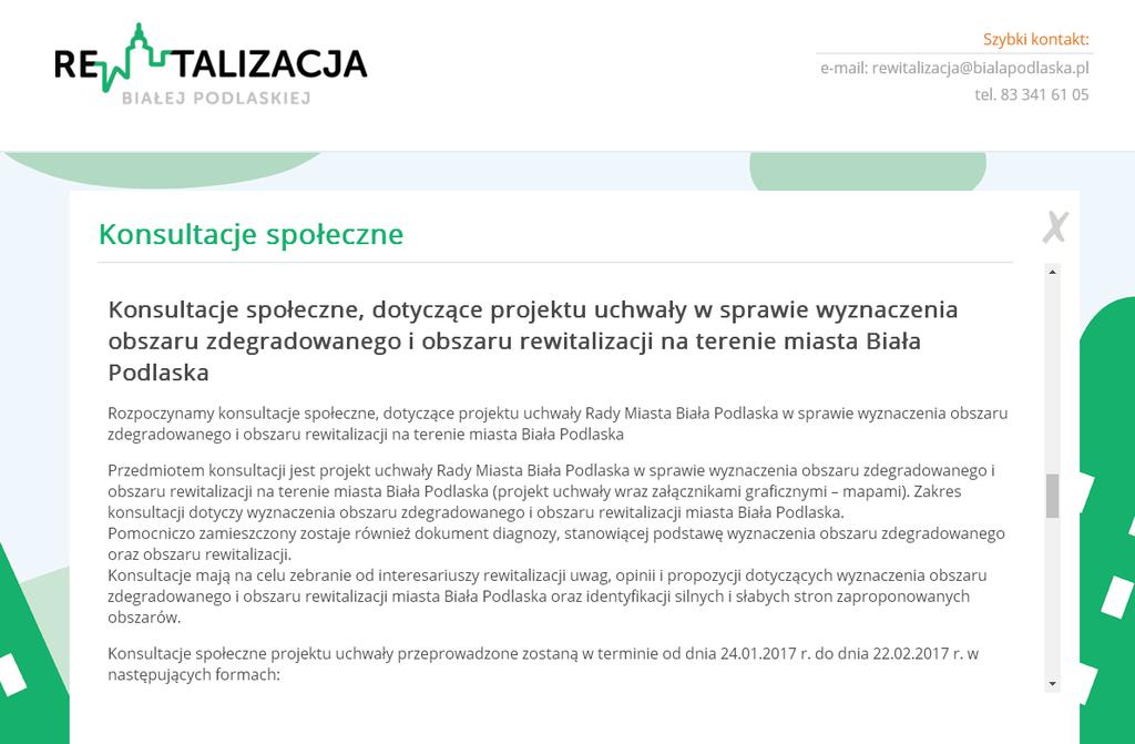 Rycina 4. Informacja o rozpoczęciu konsultacji społecznych na stronie internetowej Źródło: rewitalizacja.bialapodlaska.