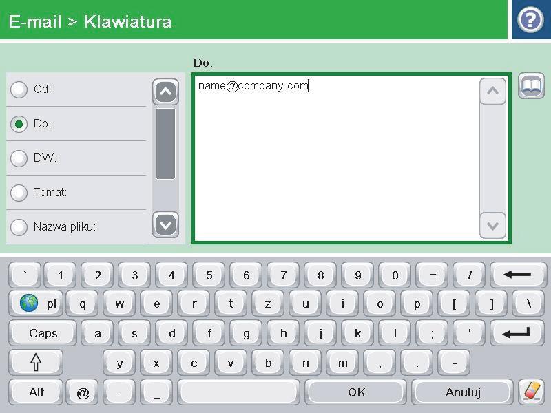 4. Wprowadź adres e-mail. Aby wysłać wiadomość na wiele adresów, rozdziel je średnikami lub dotknij przycisku Enter na klawiaturze ekranowej po wpisaniu każdego z adresów.