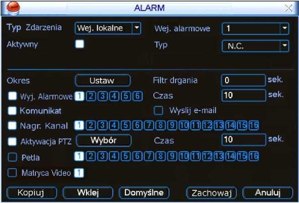 DODATKOWE POZYCJE MENU Rys. 5-37. Aktywacja wyjścia matrycowego w menu Alarm. Podobnie w menu Detekcja można aktywować wyjście matrycowe w przypadku wykrycia ruchu patrz rys. 5-38.
