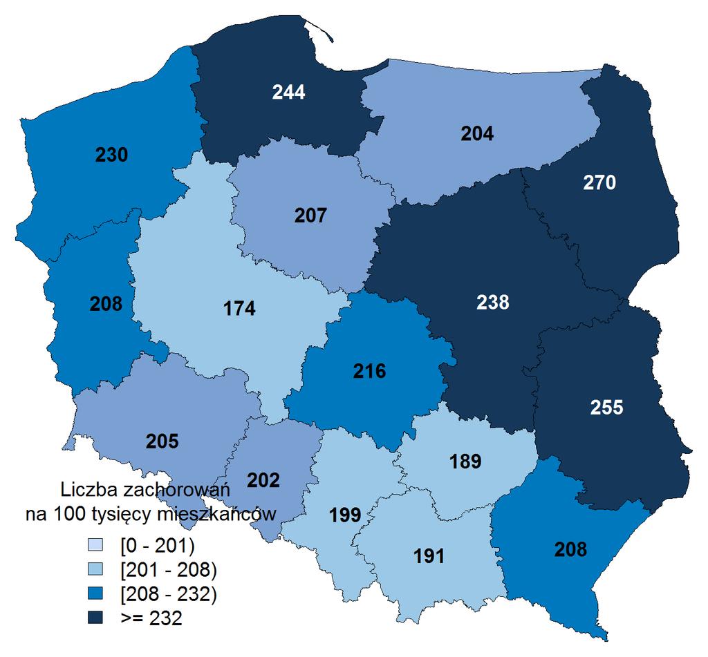 Najniższe wartości współczynnika odnotowano w województwie pomorskim (223) oraz zachodniopomorskim (246). Wykres 25: Liczba zachorowań (w tys.