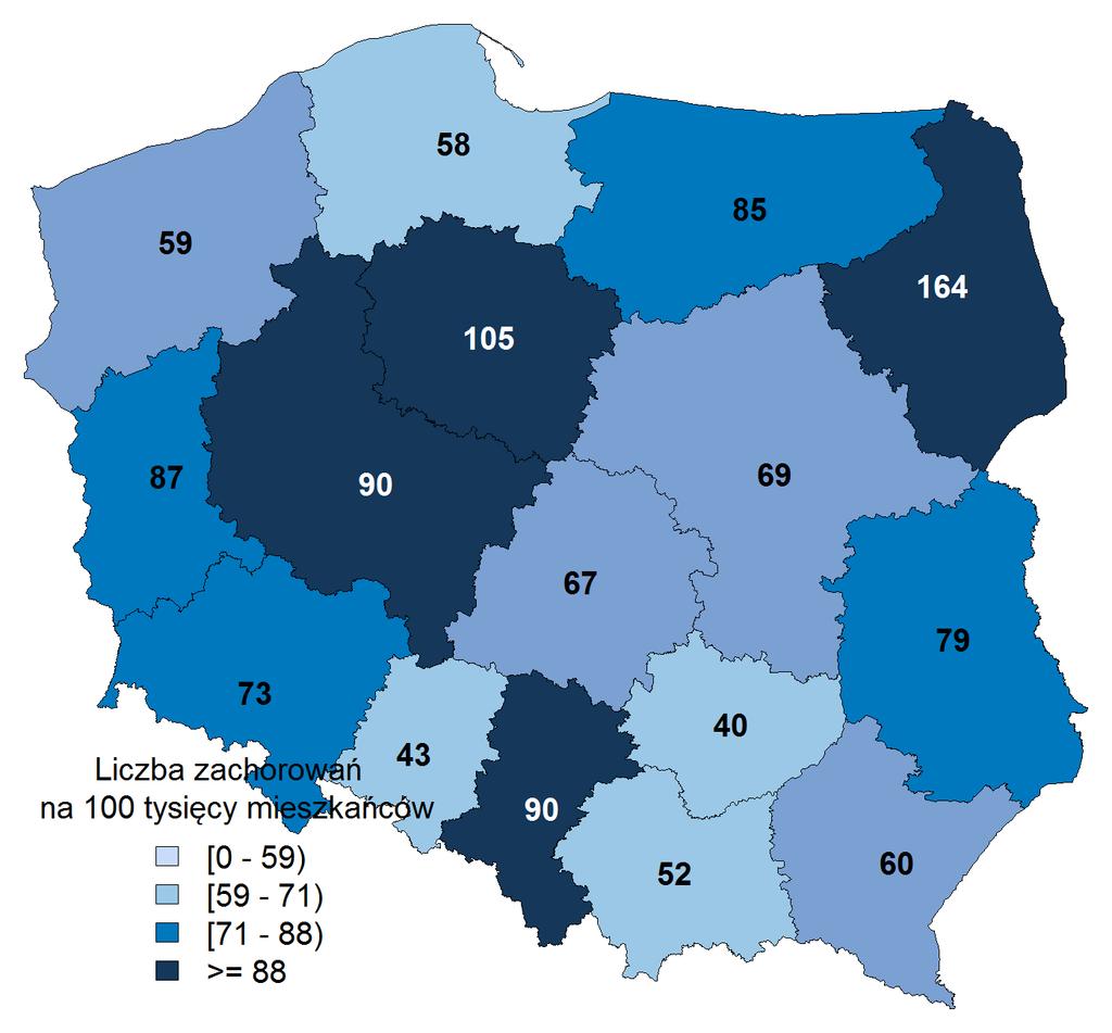 Wady serca wrodzone (Q20-Q26) Współczynnik zapadalności (liczba nowych przypadków na 100 tys. ludności) w Polsce w 2013 roku średnio wyniósł 75,4.