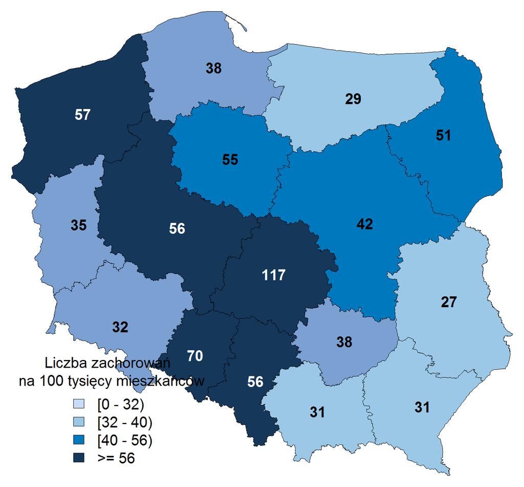 zapadalność (mapa) - wg województw (2013)
