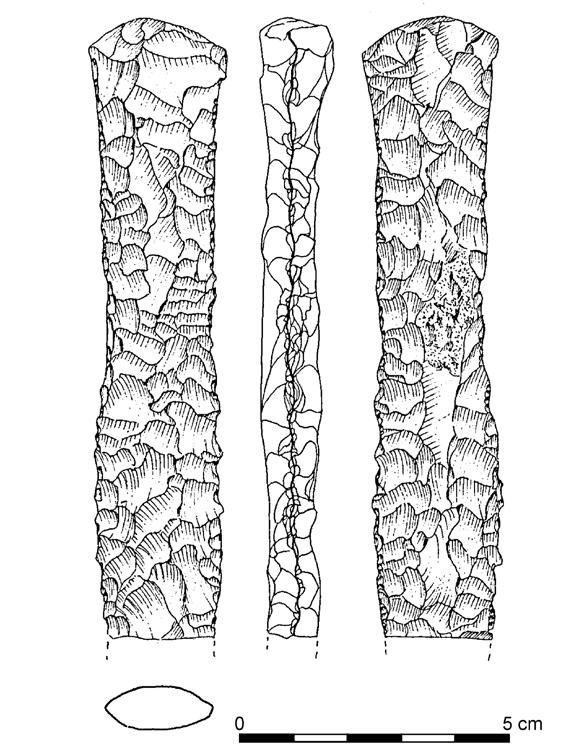 RAPORT 2007-2008 ( 1 ) Ryc. 25. Lubrza, stan. 11, gm. loco, woj. lubuskie. Fragment sztyletu krzemiennego z rękojeścią (rys. J. Sawicka) Fig. 25. Lubrza, site 11, loco commune, lubuskie voivodeship.