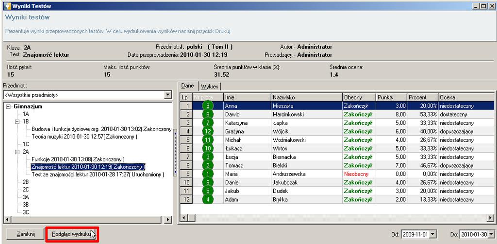 3.0 WYNIKI 3.1 Testu Program Testico Edu umożliwia wydrukowanie szablony z wynikami. Aby wydrukować wyniki testu kliknij przycisk Podgląd wydruku.
