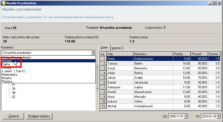 3.0 WYNIKI 3.3 Odpowiedzi testu Domyślnie wyświetlane są wyniki ze wszystkich przedmiotów. Aby zobaczyć wyniki z konkretnego przedmiotu, z listy rozwijanej wybierz interesujący Cię przedmiot.