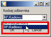 Aby dodać nowy odbiornik: Kliknij przycisk Nowy odbiornik. W wywołanym oknie wyboru rodzaju odbiornika należy wybrać pozycję RF:Radiowy. Swój wybór zatwierdź klikając OK.