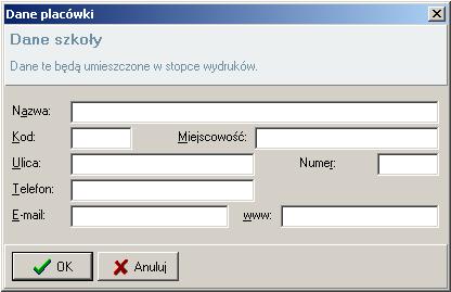 1.0 SZKOŁA 1.4 Dane szkoły 1.4 Dane szkoły Po kliknięciu przycisku Dane szkoły w dziale szkoła, zostanie wywołane okno zawierające informacje teleadresowe danej placówki. 1.4.1 Okno Dane placówki Okno Dane placówki zawiera dwa rodzaje pól: Pola tylko do odczytu Nazwa; Kod; Miejscowość; Ulica; Numer.