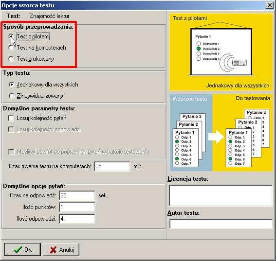 2.0 TESTY 2.1 Nowy wzorzec testu 2.1.4 Opcje testu Znajdujący się w oknie edycji testu przycisk Opcje testu wywołuje okno, w którym możesz zmienić domyślne opcje całego wzorca testu.