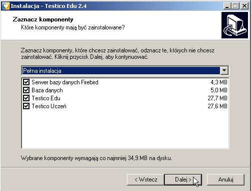 Standardowo instalowane są wszystkie komponenty programu. Jeżeli chcesz zainstalować tylko niektóre elementy, wówczas odznacz te, z których chcesz zrezygnowac.