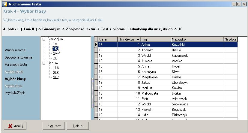 Po wybraniu klasy kliknij przycisk Dalej, aby przejść do kolejnego kroku. Aby powrócić do poprzedniego widoku kreatora kliknij przycisk Wstecz. 2.3.