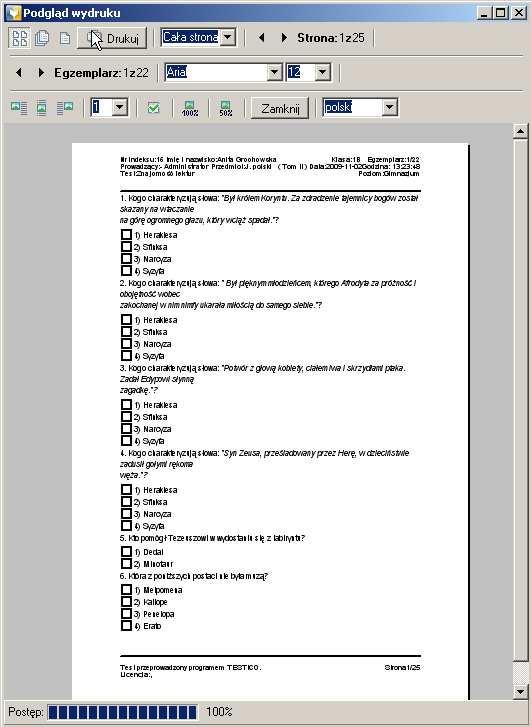 2.0 TESTY 2.3 Przygotowywanie testu W wywołanym oknie ustal opcje wydruku, ustal ilość egzemplarzy testu. Następnie kliknij przycisk Drukuj.