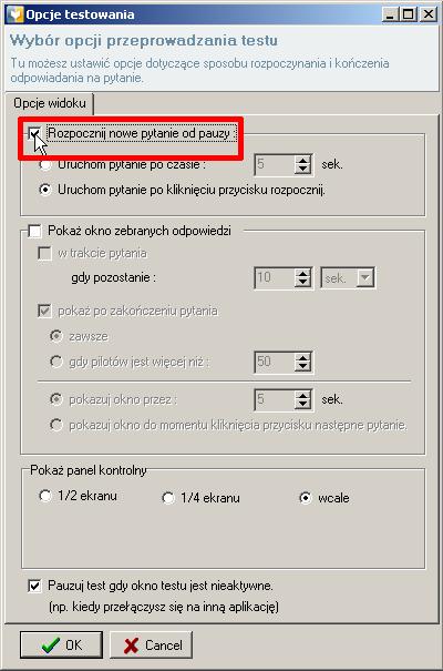 przebiegu testu.