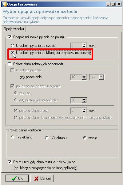 którym należy wpisać czas (w sekundach), w jakim pytanie pozostanie w stanie pauzy.