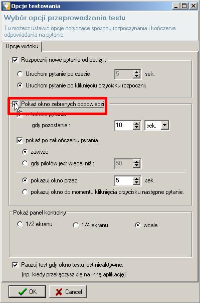 2.0 TESTY 2.4 Uruchamianie testu Pokaż okno zebranych odpowiedzi ta opcja odpowiedzialna jest za sposób wyświetlania ikon sygnalizujących udzielenie odpowiedzi przez uczniów.