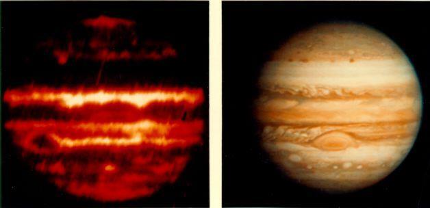 Nadwyżka promieniowania mechanizm Kelvina-Helmholtza Zdjęcia Jowisza w podczerwieni (po lewej ) i świetle widzialnym. Jowisz w podczerwieni promieniuje 1.6 razy więcej ciepła niż otrzymuje od Słońca.