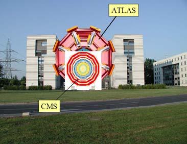 Rys.2. Po lewej stronie przedstawiony jest plan LHC w CERN. Czerwona krzywa pokazuje ulokowany 100 m pod ziemią tunel o długości prawie 27 km.