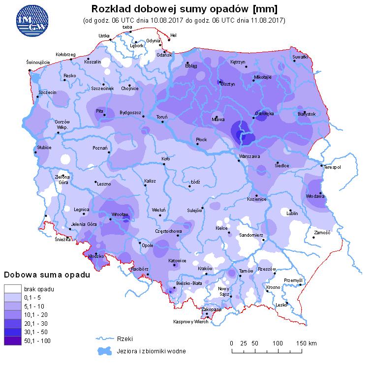 Ryc. 2. Rozkład dobowej sumy opadów OPIS SYTUACJI HYDROLOGICZNEJ z godz. 08:00 (cz. urzędowego) Dorzecze Wisły Stan wody w dorzeczu Wisły układa się głównie w strefie wody niskiej i średniej.