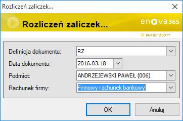 Naliczanie Rozliczeń zaliczek/delegacji Rozliczenia zaliczki i delegacji można generować z poziomu: Ewidencji Dokumentów, Ewidencji Środków Pieniężnych / Rozrachunki wg dokumentów, Ewidencji Środków