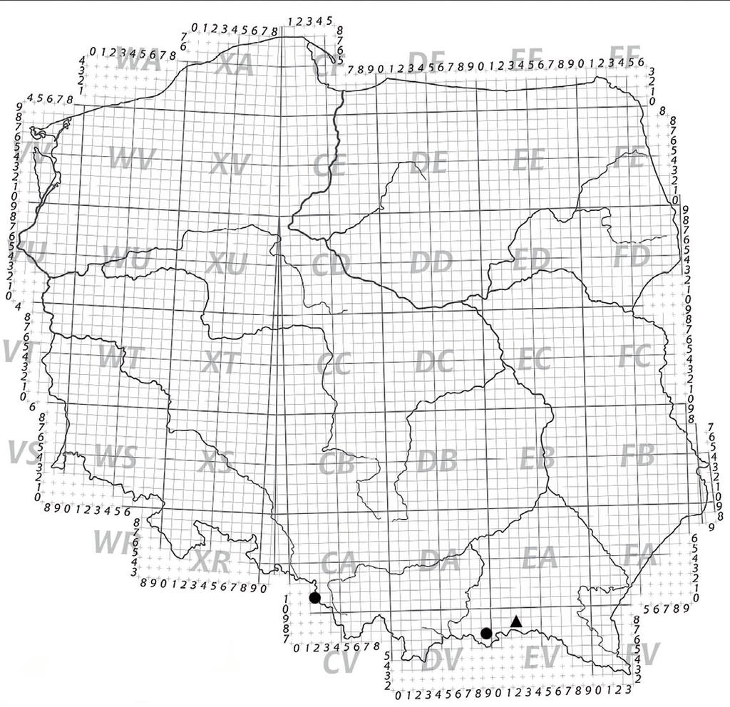 Ryc. 2. Występowanie Betarmon bisbimaculatus na terenie Polski (czarne koła dane literaturowe, czarny trójkąt nowe dane). Fig. 2. Distribution of Betarmon bisbimaculatus in Poland (black circles literature data, black triangle new data).