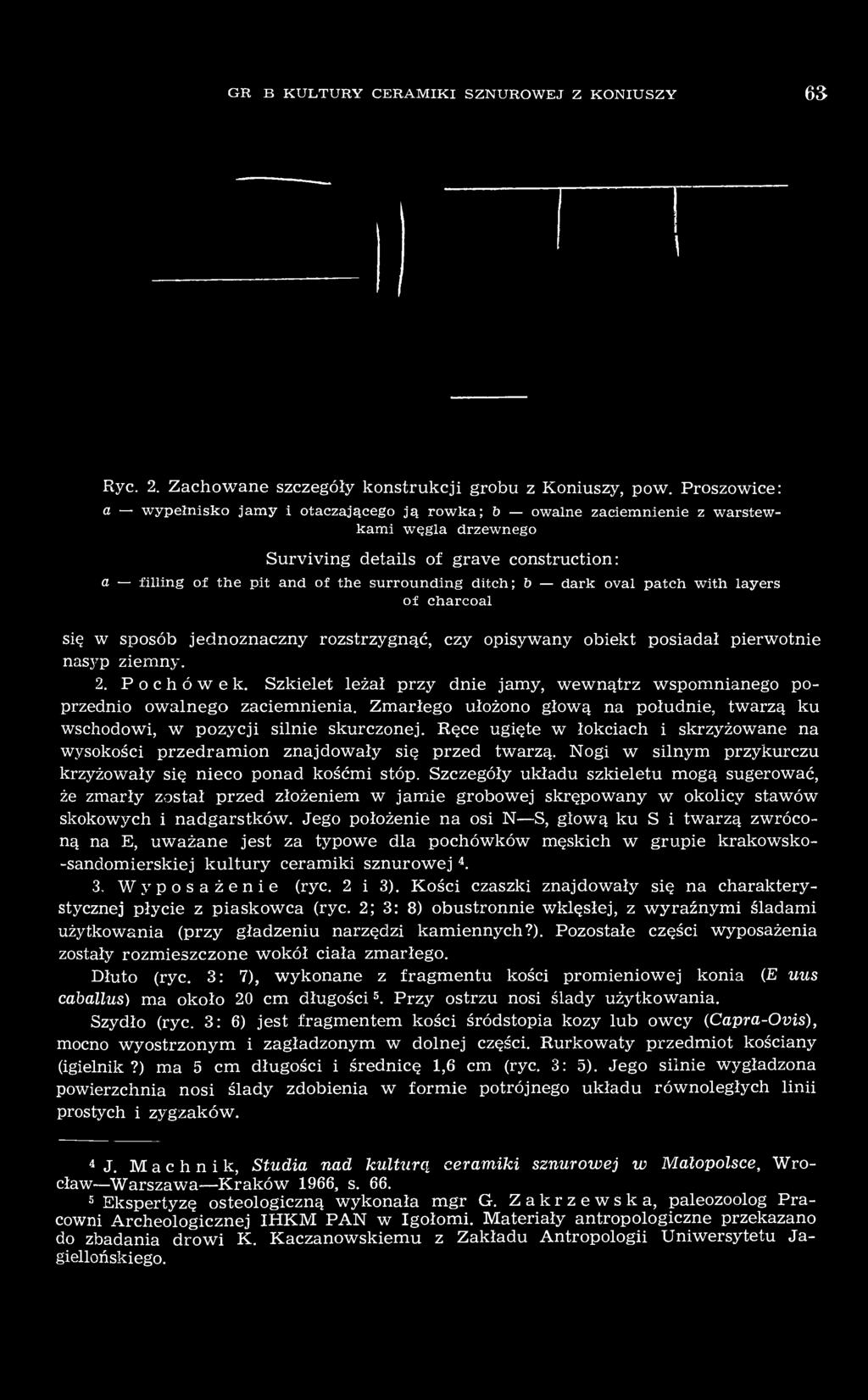 b dark oval patch with layers of charcoal się w sposób jednoznaczny rozstrzygnąć, czy opisywany obiekt posiadał pierwotnie nasyp ziemny. 2. Pochówek.
