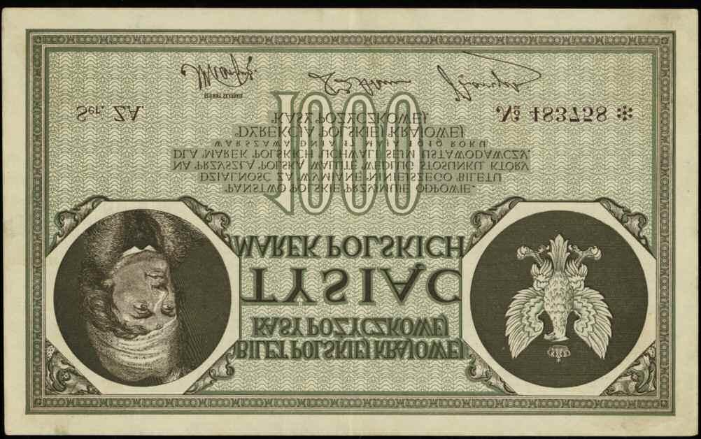 05.1919; seria ZA, numeracja 483758, znak wodny orły i litery B-P ; Lucow 351 (R3), Miłczak 22g1; złamane w