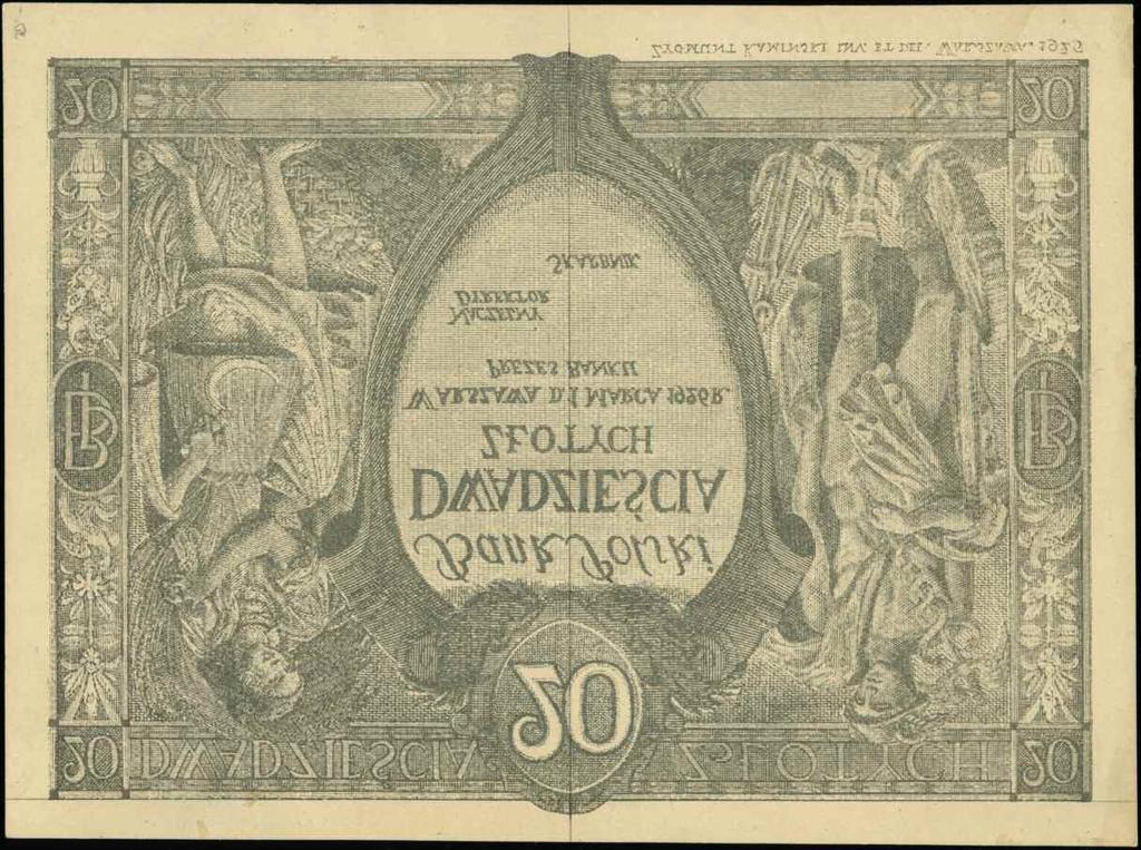 838 838. makieta strony głównej banknotu 20 złotych emisji 1.03.1926; bez oznaczenia serii i numeracji, gruby karton, u dołu po prawej Zygmunt Kamiński Inv. Et Del. Warszawa.
