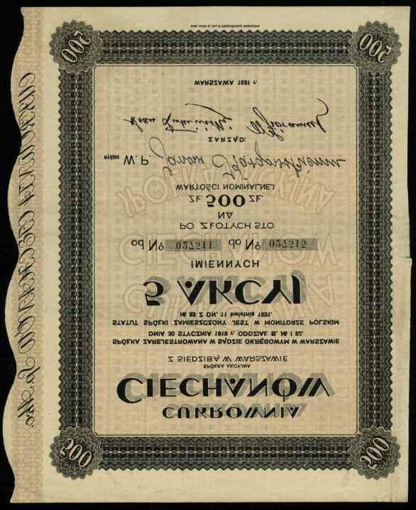 886 887 886. Chodorów Akcyjne Towarzystwo dla Przemysłu Cukrowniczego w Chodorowie; 5 akcji po 100 złotych, Chodorów 11.12.