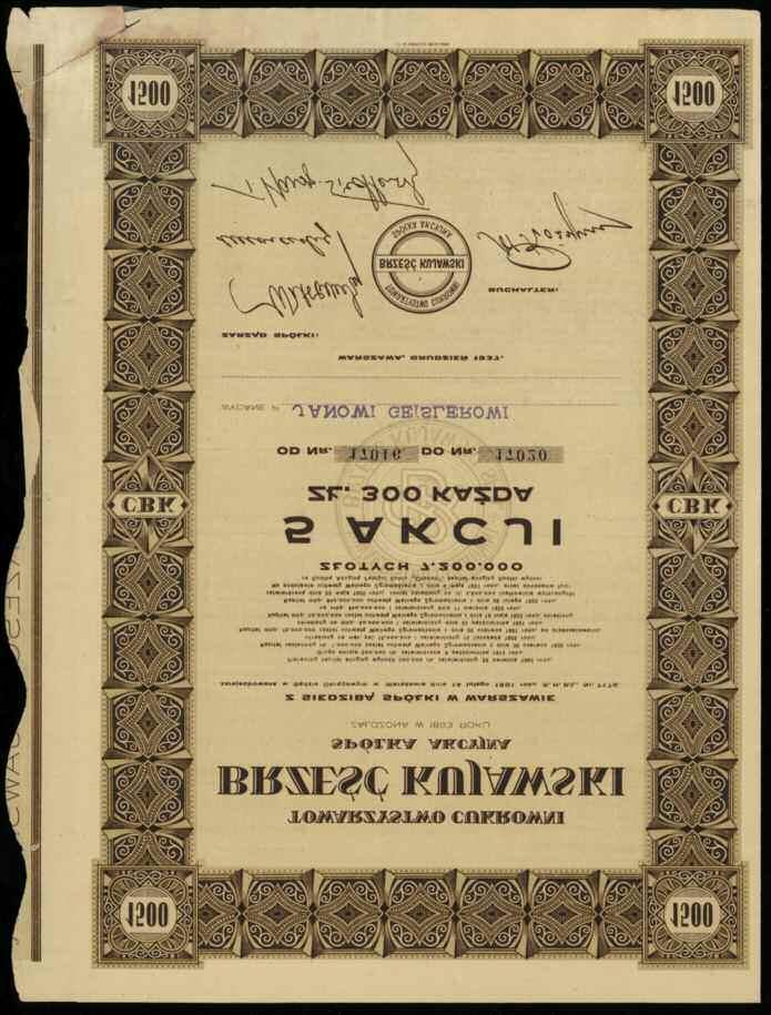 896 897 896. Towarzystwo Cukrowni Brześć Kujawski S.A.; 5 akcji imiennych po 300 złotych = 1.