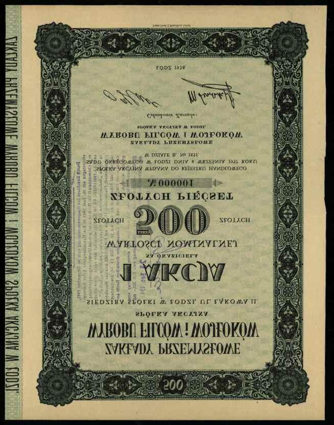 X-A-43; pięknie zachowana I- 400,- 905. Zakłady Przemysłowe Wyrobu Filców i Wojłoków S.A.; 1 akcja na