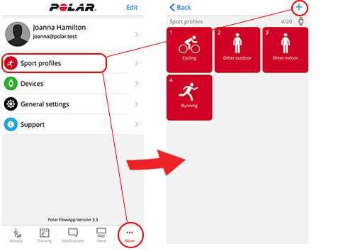 Aby zobaczyć wideo, kliknij jedno z poniższych łączy: Aplikacja Polar Flow Edycja profili sportowych Serwis Polar Flow Profile sportowe DODAWANIE PROFILU SPORTOWEGO W aplikacji Polar Flow: 1.