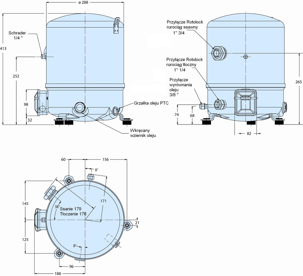 WYMIARY, PODŁĄCZENIA 2-cylindrowe Stopka tłumiąca wibracje HM8-40 15 23 Przyłącze zaworu Rotolock Przyłącze rurowe Zawór Rotolock