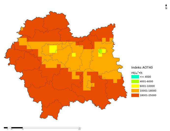 Jedynie w Tarnowie i częściowo powiecie tarnowskim oraz powiecie nowosądeckim stwierdzono najmniejszą liczbę dni (11-15) ze stężeniami powyżej wartości 120 µg/m 3, wyznaczonej dla okresu 2013-2015.