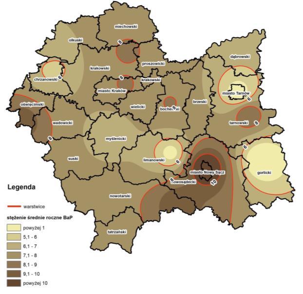 Mapy 1-5 przedstawiają rozkłady stężeń średniorocznych uzyskane z danych pomiarowych