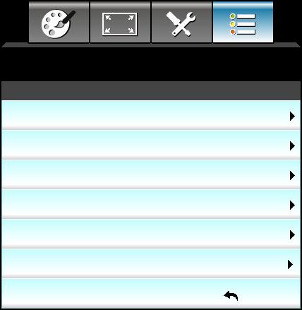 KORZYSTANIE Z PROJEKTORA Menu Opcje - Zaawansowane OPCJE Zaawansowane Włącz przy zasilaniu Włącz przy sygnale Auto wyłączenie (min) ącznik czasowy (min) Szybki restart Tryb zasilania (Czuwanie)