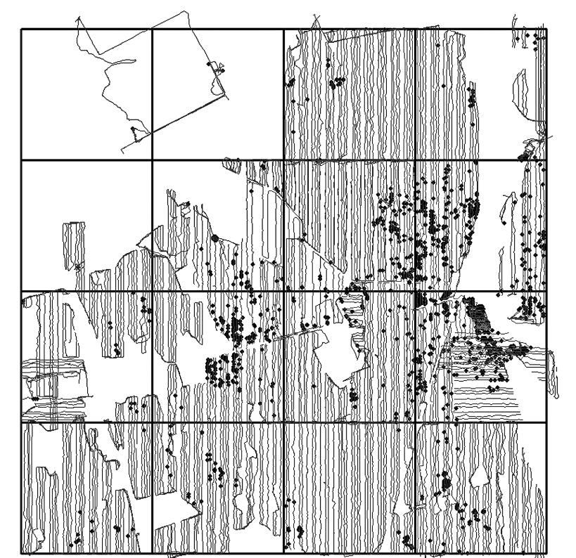 Przykładowa mapa z siatką kwadratów, drogami przebytymi przez prowadzących prospekcję (linie faliste) i zaznaczonymi znaleziskami. Fig. 3. Nagyhörcsökpuszta, Fejér County, hungary.
