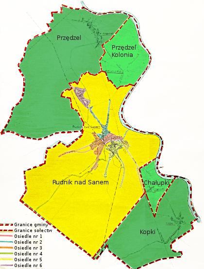 Mapa Gminy Rudnik nad Sanem z podziałem na sołectwa i osiedla: Płatności: Numer konta Urzędu Gminy i Miasta w Rudniku nad Sanem 23 9430 1032 4003 3237 2000 0001 Bank Spółdzielczy w Stalowej Woli, ul.