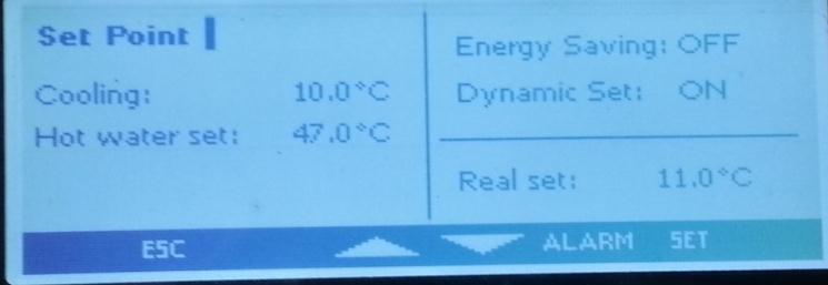 Ekran ten obrazuje również stan funkcjienergy Saving (oszczędzanie energii) oraz Dynamic Set Point (nastawa dynamiczna).