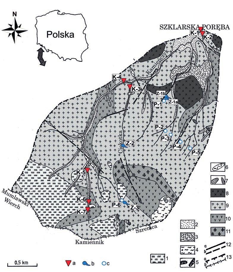 RYSIUKIEWICZ & MARSZAŁEK: OCENA WSKAŹNIKÓW JAKOŚCI WÓD KAMIEŃCZYKA 91 Ryc. 1. Lokalizacja punktów opróbowania wód na tle budowy geologicznej.