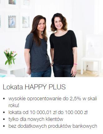 Możliwość założenia tylko jednej Lokaty Happy Plus. Oprocentowanie 2,5%. Kapitalizacja odsetek na koniec okresu umownego.