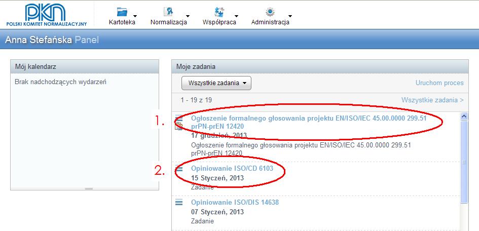 9. Rodzaje zadań w PZN W PZN występują 2 rodzaje zadań: 1) Zadanie wygenerowane z harmonogramu zawierające: nazwę zadania, kod zadania, nr TN, nr projektu; przykład: zaznaczenie 1.