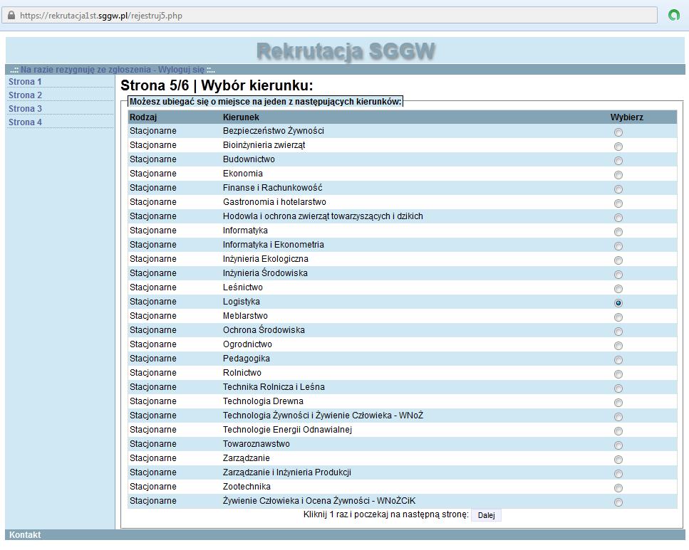 Po zaznaczeniu przedmiotów zdawanych na maturze, na kolejnej stronie wyświetla się lista kierunków
