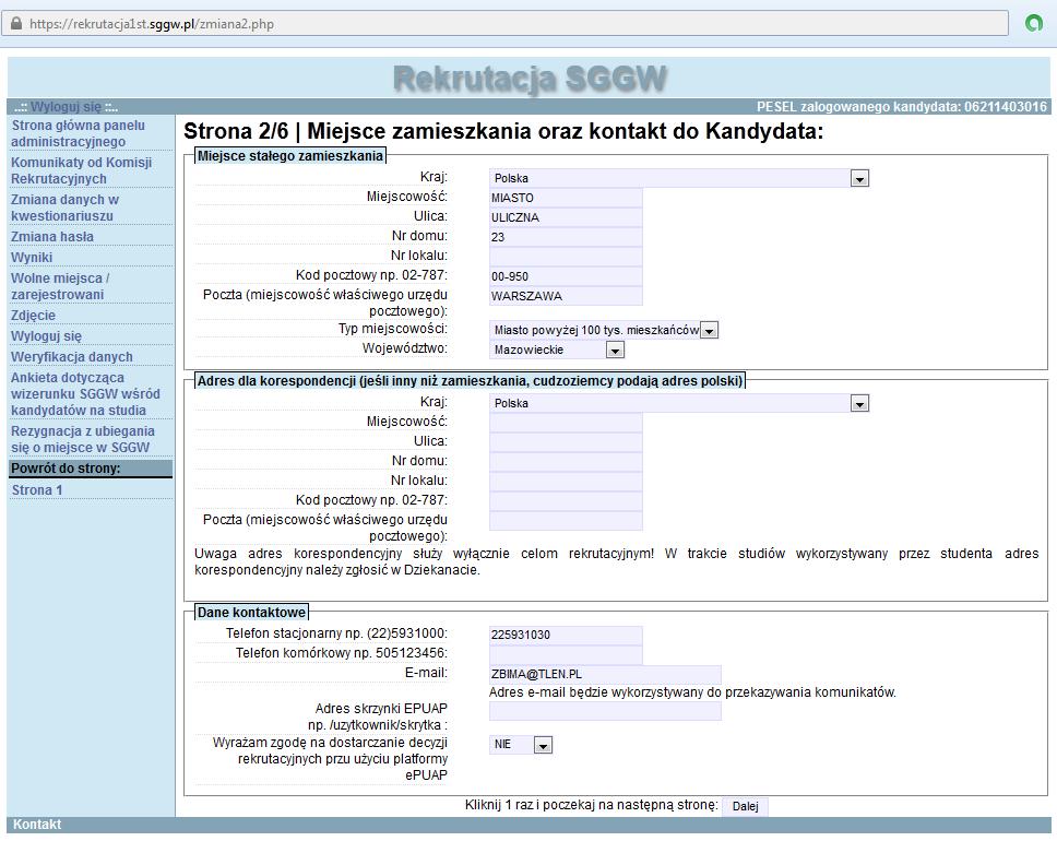 Strona 2 Informacje o miejscu zamieszkania, Adres e-mail, Telefony, Adres skrzynki