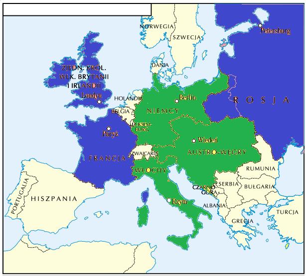 ZADANIA DO SPRAWDZIANU 1. Przyjrzyj się mapie i wykonaj polecenia. a) Zamaluj kolorem zielonym państwa należące do Trójprzymierza. b) Zamaluj kolorem niebieskim państwa należące do Trójporozumienia.