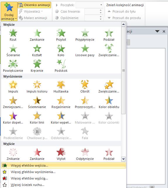 Animacje wejścia Aby dodać taką animację należy obiekt zaznaczyć. Następnie kliknąć przycisk Okienko animacji w grupie Animacja zaawansowana.