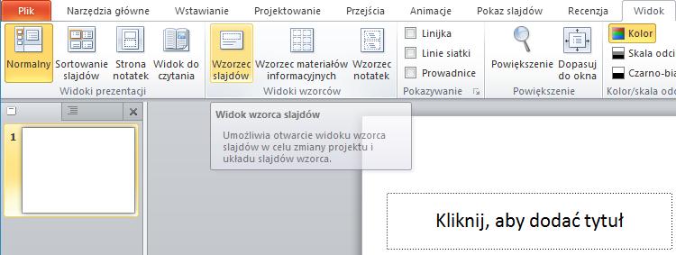 [1/23] PowerPoint Tworzenie własnego wzorca prezentacji Jeżeli żaden z gotowych motywów wbudowanych w PowerPoint nam się nie podoba i nie znaleźliśmy odpowiedniego w Internecie, a mamy pomysł jak